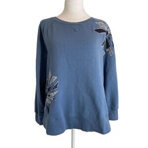 Vintage Coldwater Creek Blue Sweatshirt Women's M Appliquéd Flowers Boxy